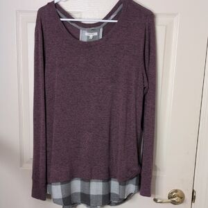 Maurices Maroon Long Sleeve Top with Gray Plaid Hem Size XL